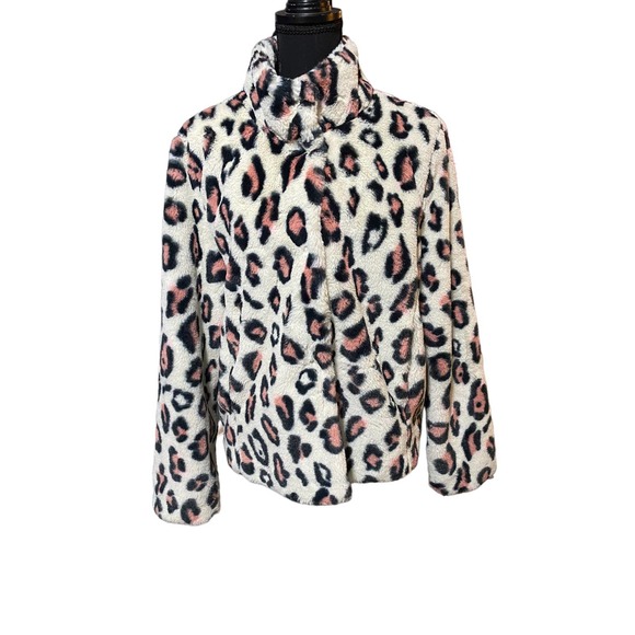 ABOUND Women's Cream Black Leopard Print Soft Faux Fur Coat Jacket Comfy Size L - Picture 2 of 7